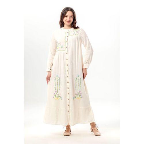 Uzun Kol Neşe Nakış Detaylı Boydan Düğmeli Yazlık Şile Bezi Uzun Elbise Krem Krm