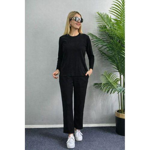 Kadın Uzun Kol Bisiklet Yaka Bürümcük Bluz Ve Pantolon Ikili Takım