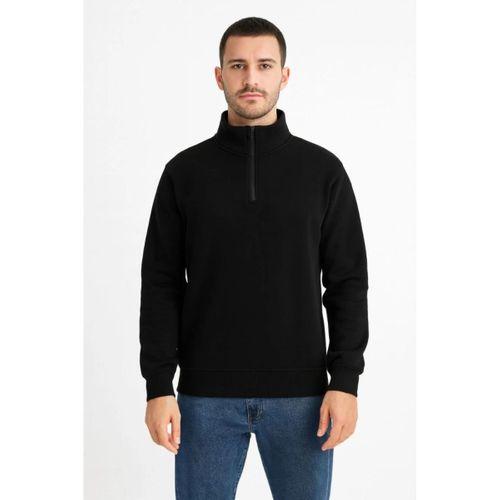 Erkek Dik Yaka Sweatshirt Dik Yaka Yarım Fermuarlı 3 İplik Şardonlu Pamuk Kumaş - Siyah