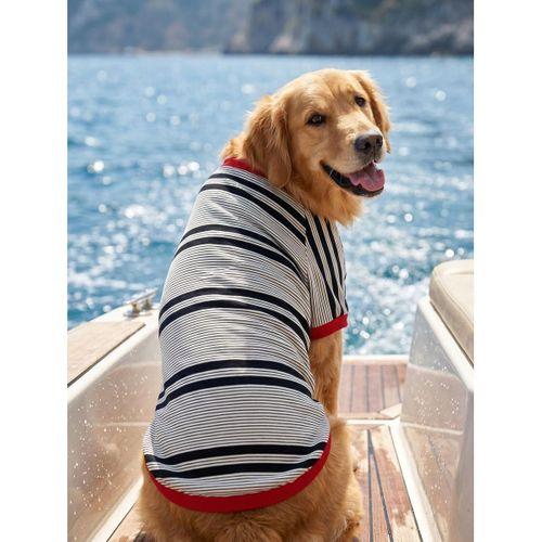 Yacht Club Marin Çizgili Orta ve Büyük Irk Köpek Tişörtü | Lacivert Kırmızı Yazlık Köpek Kıyafeti