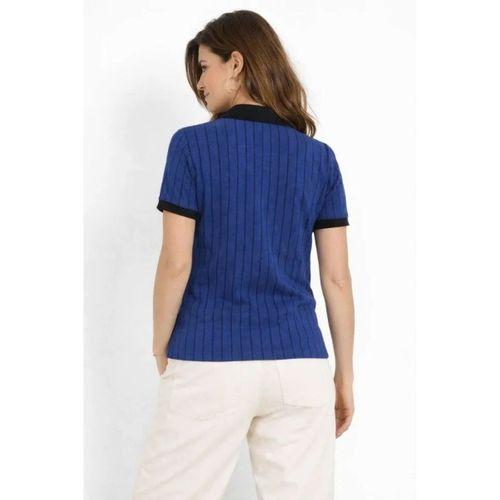 Polo Yaka Çizgili Tişört Kısa Kol Düğmeli Yazlık T-Shirt - Saks Mavisi