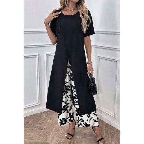 Kadın Kısa Kollu önden çapraz Detaylı Viskon Uzun Bluz Ve Desenli Iki Iplik Pantolon Ikili Takım