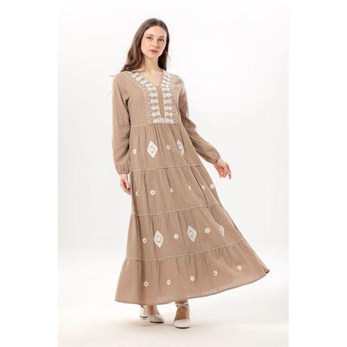 Uzun Kol Yakamoz V Yaka Nakışlı Şile Bezi Uzun Pullu Elbise Humus hms