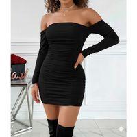 Kadın Uzun Kollu Omuzlardan Açık Takma Kollu Büzgülü Sandy Kısa Elbise