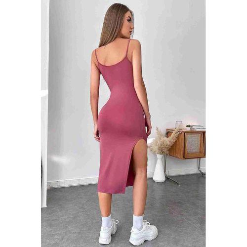 Aria's Closet Vücuda Oturan Askılı Esnek Örme Yırtmaçlı Midi Diz Altı Elbise Pembe