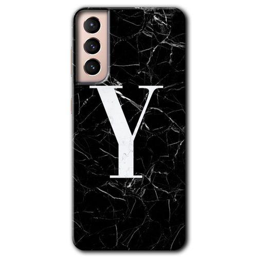 Potkal Hediye Fabrikası Samsung Galaxy S21 Kılıf HD Desen Baskılı Arka Kapak - Siyah Mermer Desenli Y Harfi