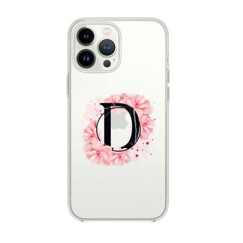 iPhone 13 Pro Pembe Çiçek Desen D Harfli Premium Şeffaf Silikon Kılıf