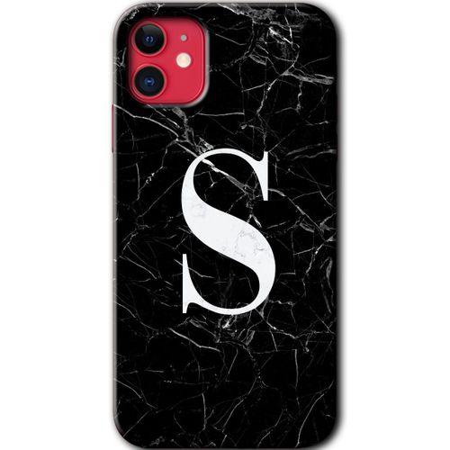 MRCİLETİSİM iPhone 11 Kılıf HD Desen Baskılı Arka Kapak + Temperli Cam - Siyah Mermer Desenli S Harfi