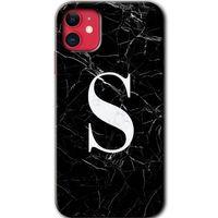 MRCİLETİSİM iPhone 11 Kılıf HD Desen Baskılı Arka Kapak + Temperli Cam - Siyah Mermer Desenli S Harfi