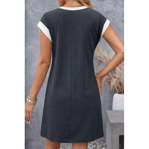 Kadın Kısa Kollu Yuvarlak Yakalı Kontrast Manset Detaylı Kısa Janjan Krep Elbise