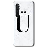 MRCİLETİSİM Xiaomi Mi Note 10 Lite Kılıf HD Desen Baskı Arka Kapak+Temperli Cam-Beyaz Mermer Desenli Ü Harfi