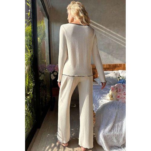 Kadın Beyaz V Yaka Düğmeli Örme Kumaş Rahat Pijama Takımı