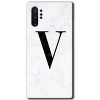 Potkal Hediye Fabrikası Samsung Galaxy Note 10 Plus Kılıf HD Desen Baskılı Arka Kapak - Beyaz Mermer Desenli V Harfi