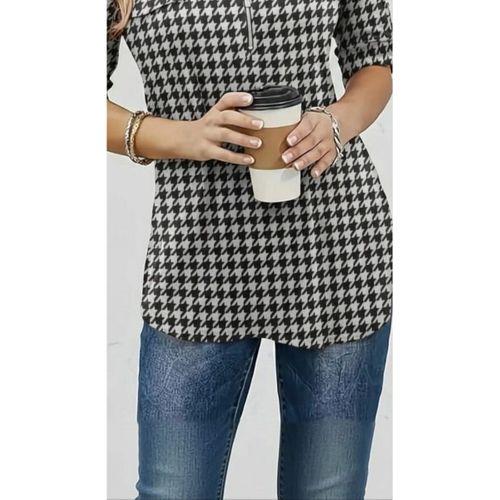 Kadın Uzun Kollu Hakim Yaka Yakadan Fermuarlı Geometrik Desenli Süprem Bluz