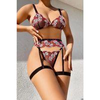 Fantezi Bacak Bantlı Çiçek Desenli Sütyen Külot Takım