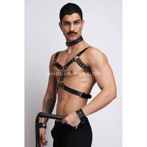 Kırbaç Ve Çivili Choker Detaylı Erkek Fantazi Giyim, Deri Erkek Harness Takım - Brfm102