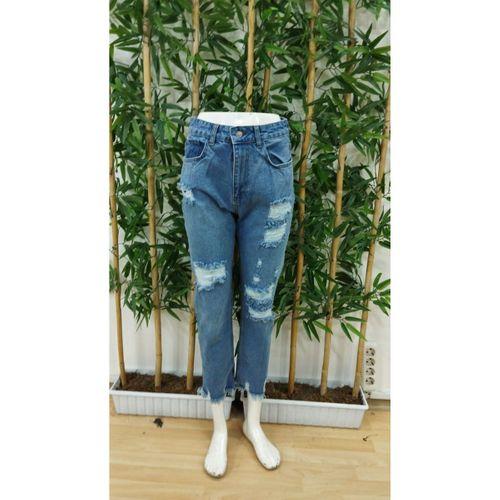 Kadın Dar Kesim Cepli önden Yırtık Desenli Denim Pantolon