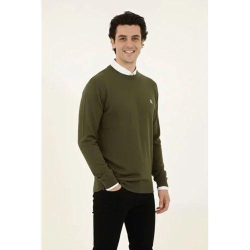 Erkek Bisiklet Yaka Nakış Işlemeli Triko Kazak Yumuşak Dokulu Pamuklu Ince Dokuma, Uzun Kollu Rahat Regular Kalıp - Haki