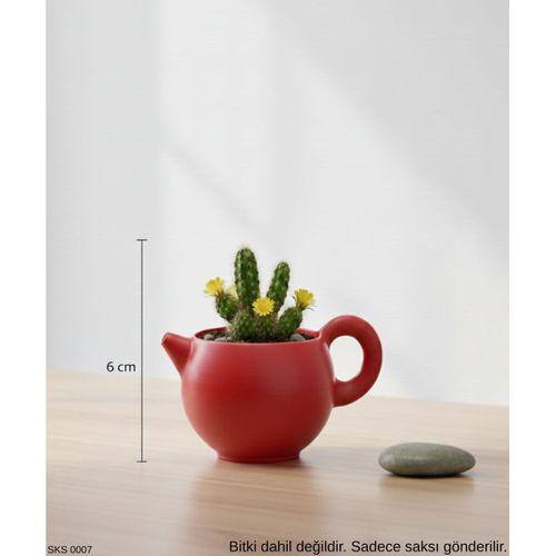 Kırmızı Caydanlik Seklinde Mini Dekoratif Saksi 6 Cm Masa Ustu Ofis Dekoru