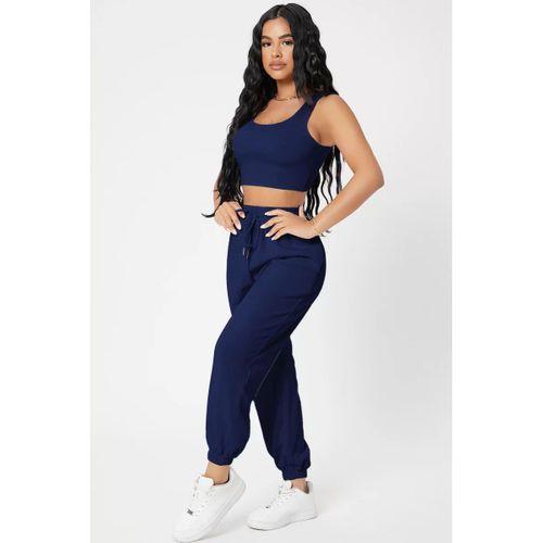 Kadın Lacivert Kaşkorse Cepli Jogger Eşofman Altı Ve Crop Top Bluz
