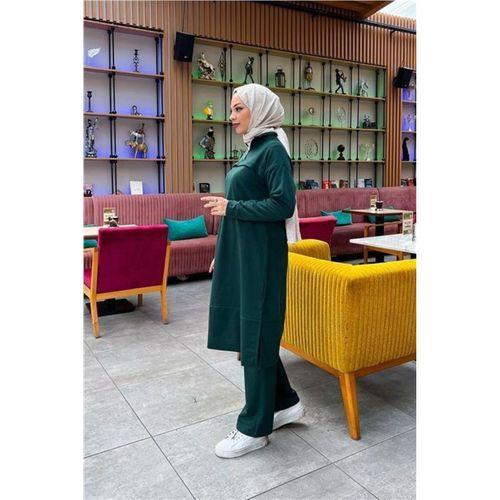 Dik Yaka Kısa Fermuarlı Yırtmaçlı Sade Basic Uzun Tunik ve Pantolon İkili Spor Takım - 03062.021 - Nefti