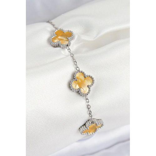 316L Çelik Sedefli Kehribar Sarı Gümüş Renk Yonca Kadın Bileklik