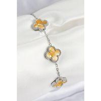 316L Çelik Sedefli Kehribar Sarı Gümüş Renk Yonca Kadın Bileklik