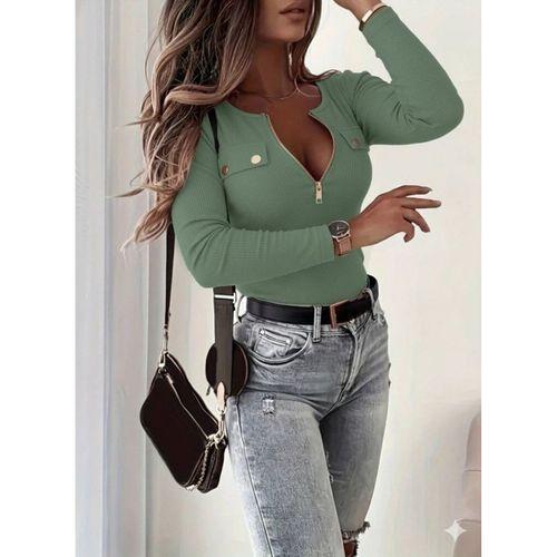 Kadın Uzun Kollu önden Fermuar Ve Cepli Kaşkorse Bluz