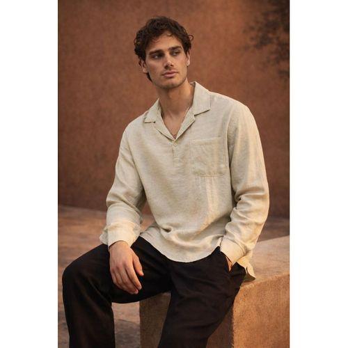 Sartre Apaş Yaka Tek Cepli İnce Modal Kumaş Oversize Uzun Kollu Yazlık Gömlek - Bej