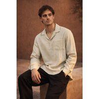 Sartre Apaş Yaka Tek Cepli İnce Modal Kumaş Oversize Uzun Kollu Yazlık Gömlek - Bej