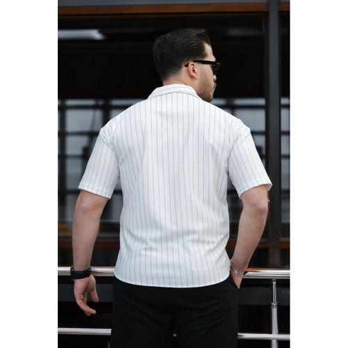 Apaş Yaka Krep Kumaş Çizgili Yarım Oversize Erkek Gömlek - Beyaz