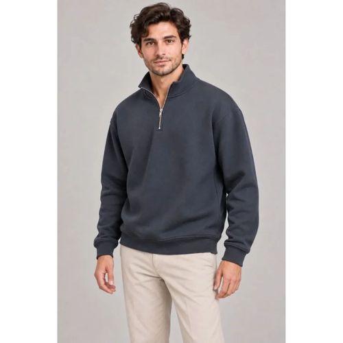 Erkek Üç İplik İçi Şardonlu Dik Yaka Yarım Fermuarlı Kışlık Sweatshirt - Füme