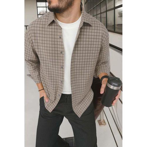 Alfonso Ekose Büyük Kareli Relaxed Fit %100 Pamuklu Flanel Kumaş Erkek Gömlek - Bej
