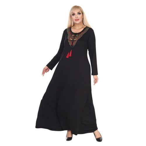 Melsay Butik Siyah Etnik Yaka Kırmızı Püskül Detay Uzun Elbise