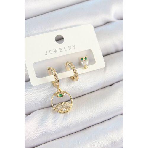 Pirinç Zirkon Taşlı Göz Ve Baykuş Model Gold Renk 3'lü Çift Kadın Küpe Set