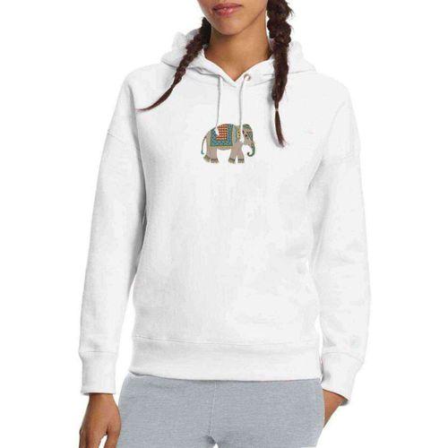 Gri Ve Renkli Fil Sanat Hintli Baskılı Beyaz Kadın Kapşonlu Sweatshirt