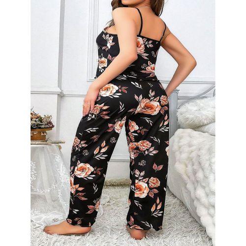 Büyük Beden Siyah Üstüne Çiçek Desenli İnce Askılı 2'li Pijama Takımı