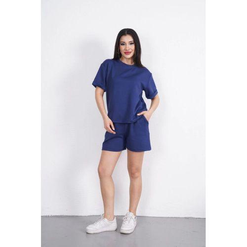 Osy Modal Yumuşak Dokulu Kumaş Bisiklet Yaka T-shirt Kısa Şort İkili Takım - Mavi