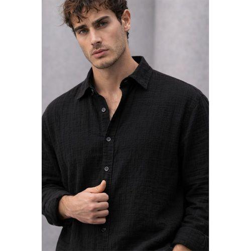 Nefes Alabilir Yarım Oversize Müslin Kumaş Uzun Kol Yakalı Erkek Gömlek - Siyah