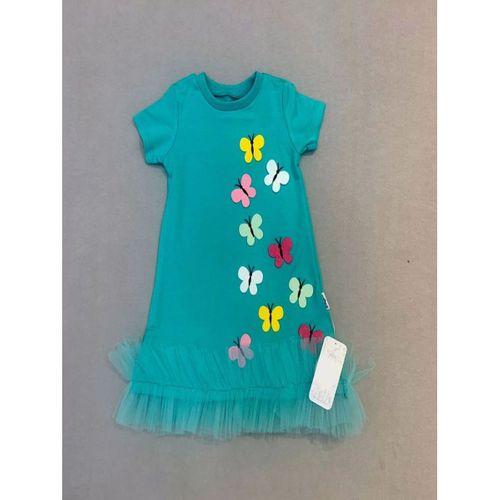1-2-3 Yaş Renkli Kelebekler Nakışlı Eteği Fırfırlı Jile Çocuk Elbisesi Turkuaz