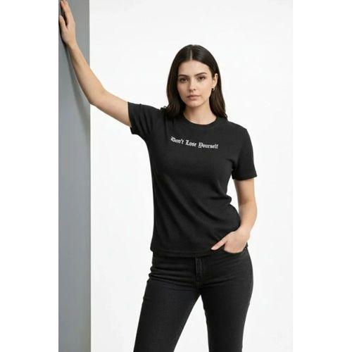 Wafıl Kumaş Tişört Regular Kalıp Bisiklet Yaka Baskılı Günlük Basic T-Shirt - Siyah