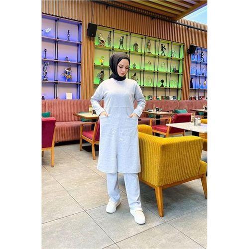 Önden İki Cepli Sade Basic Uzun Tunik Pantolon İkili Spor Takımı - 03067.008 - Gri