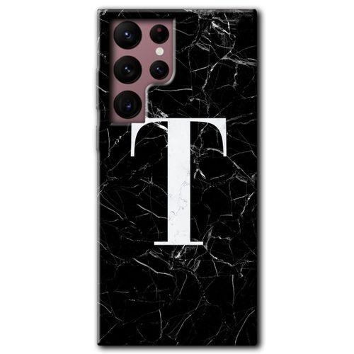 Samsung Galaxy S22 Ultra HD Baskılı Kılıf + 9D Tam Ekran Koruyucu - Siyah Mermer Desenli T Harfi