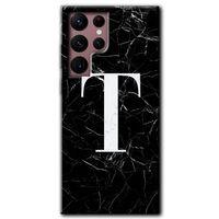 Samsung Galaxy S22 Ultra HD Baskılı Kılıf + 9D Tam Ekran Koruyucu - Siyah Mermer Desenli T Harfi