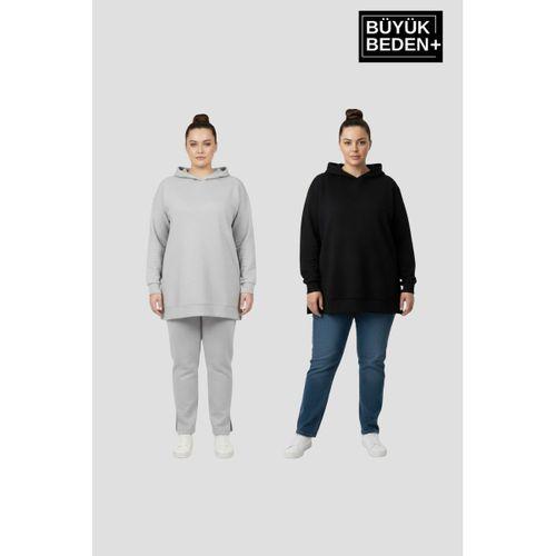 Kadın Büyük Beden 2  li Set Kapşonlu Tunik ince Sweatshırt  SPR26BTK991+2