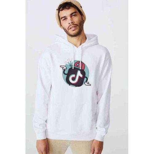 Tik Tok Simge Logo Tik Tok Baskılı Beyaz Erkek Kapşonlu Sweatshirt