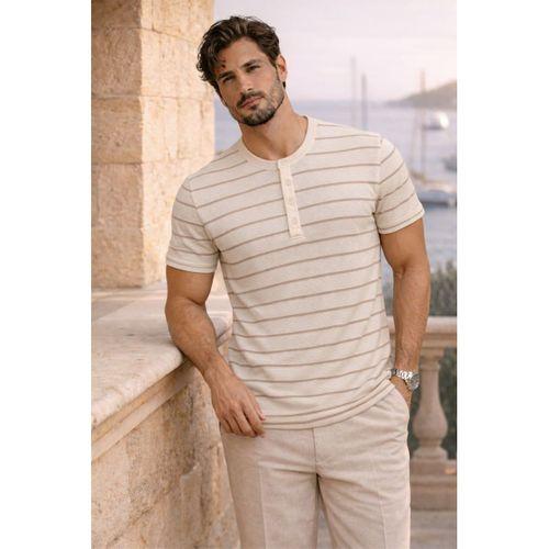 Kristof Pike Kumaş Regular Fit Düğmeli Yaka Kendinden Çizgili T-Shirt - Ekru