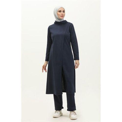 Kruvaze Balıkçı Yaka Sade Basic Uzun Tunik Panolon İkili Takım - 03043.015 - Lacivert