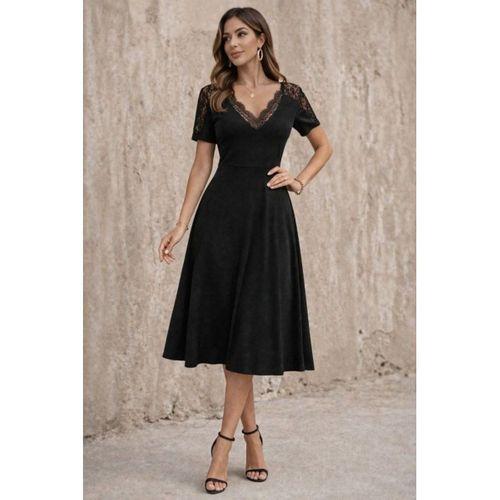 Kadın Kısa Kollu V Dantel Yakalı Midi Viskon Elbise