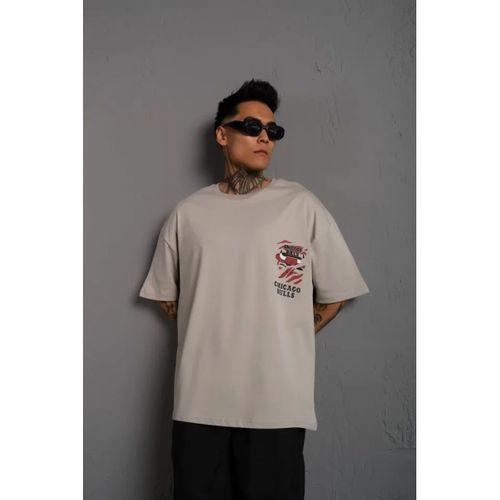 Erkek Sırt Baskılı A Kalite Oversize T-shirt - Gri